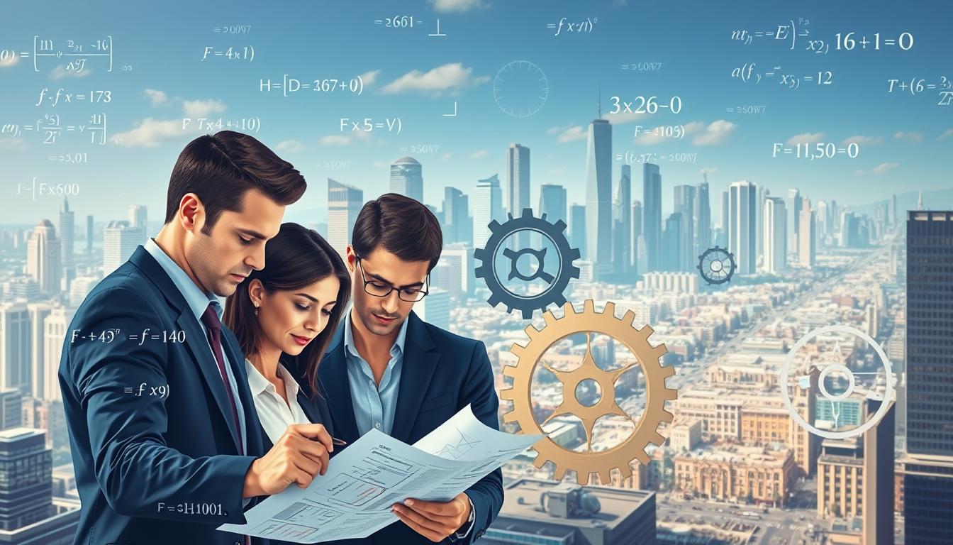 A vibrant and visually engaging illustration of the benefits of mathematical optimization, set against a backdrop of a bustling business landscape. In the foreground, a team of professionals intently examining intricate equations and data visualizations, their expressions conveying the depth of insight and understanding gained through the application of optimization techniques. In the middle ground, a series of interlinked gears and cogs, representing the smooth and efficient workings of a well-optimized business strategy. In the background, a panoramic view of a thriving metropolis, with towering skyscrapers, bustling streets, and a sense of dynamic progress. The overall scene should emanate a mood of intellectual rigor, strategic foresight, and the transformative power of mathematics in the realm of business.