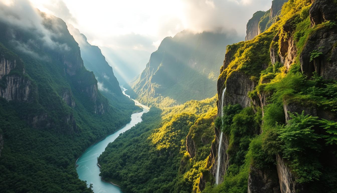 A dramatic, sweeping vista of a lush, verdant valley surrounded by towering, mist-shrouded cliffs. In the foreground, a meandering river cuts through the landscape, its waters a mesmerizing blend of turquoise and azure. Sunlight filters through the clouds, casting a warm, golden glow over the scene, accentuating the rugged beauty of the steep, rocky walls that plunge deep into the gorge. Verdant foliage clings to the craggy outcroppings, adding pops of vibrant greens and lush textures. The composition draws the eye deep into the frame, inviting the viewer to explore the captivating, almost mystical, depths of this stunning natural wonder.