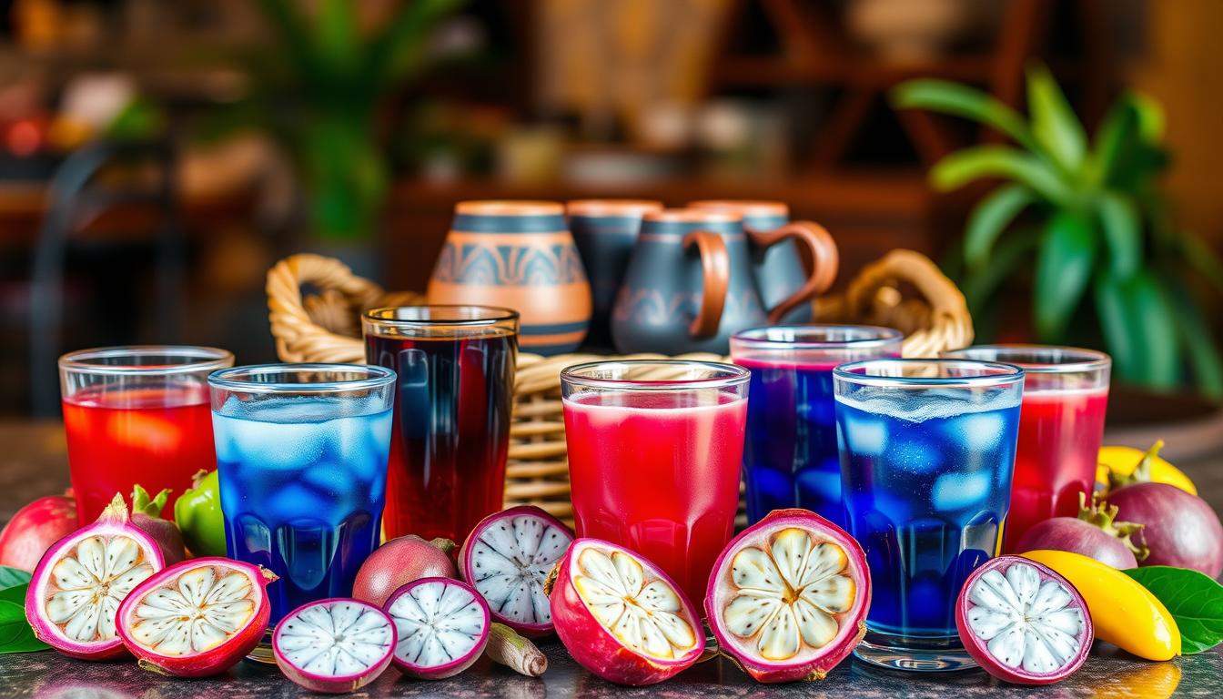 A vibrant still life showcasing the traditional beverages of Banjarmasin, Indonesia. In the foreground, an array of colorful glasses filled with exotic drinks, their hues ranging from deep indigo to vivid crimson. Sliced tropical fruits, such as rambutan and mangosteen, are carefully arranged around the glasses, lending a lush, natural atmosphere. In the middle ground, a woven rattan tray holds several traditional clay mugs, their intricate patterns reflecting the region's rich cultural heritage. The background is softly blurred, hinting at a warm, inviting setting, perhaps a cozy café or a bustling marketplace. Warm, diffused lighting casts a gentle glow, highlighting the textures and vibrant colors of the traditional Banjar beverages.