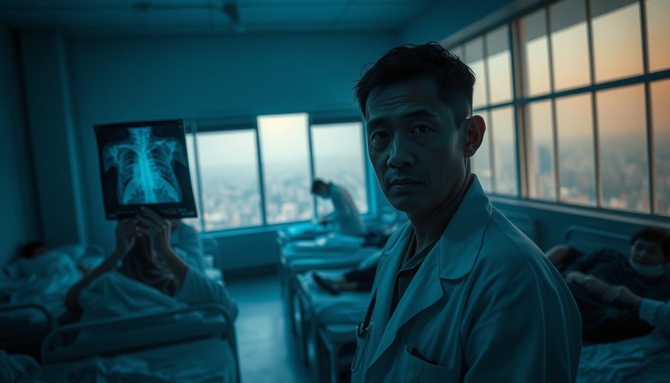 A dimly lit hospital ward in Indonesia, with rows of beds occupied by patients suffering from tuberculosis. In the foreground, a doctor in a white coat examines an x-ray, his face etched with concern. The middle ground shows nurses tending to the patients, administering medicines and providing care. In the background, a window overlooking a sprawling cityscape, hazy with pollution, symbolizing the public health challenge of TB in the country. The scene is bathed in a somber, bluish light, conveying the gravity of the situation. A sense of quiet determination and resilience permeates the atmosphere, as the medical staff work tirelessly to combat this persistent disease.