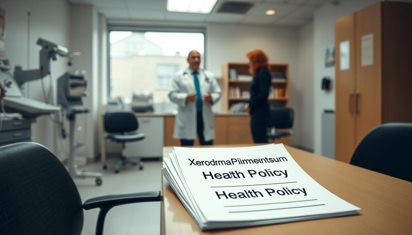 A well-lit medical office interior, with a desk and chairs in the foreground. On the desk, a stack of documents labeled "Xeroderma Pigmentosum Health Policy". In the middle ground, a doctor in a white coat standing and gesturing, explaining the policy details to a patient. The background features medical equipment, shelves of books, and a window providing a soft, natural lighting. The overall atmosphere conveys a sense of professionalism, care, and focus on understanding the health policies surrounding this rare genetic condition.