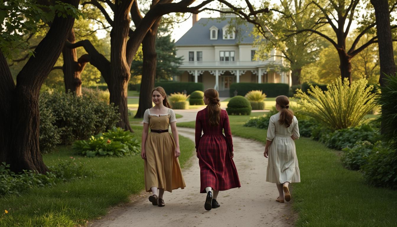 a detailed, cinematic still frame of the film "Little Women" set in 19th century New England, featuring a group of four young women in period-accurate dresses and hairstyles walking along a tree-lined dirt path in a lush, verdant garden, with a large Victorian-style house visible in the background, bathed in soft, warm afternoon lighting, conveying a sense of nostalgia, intimacy, and the timeless themes of family, sisterhood, and coming-of-age