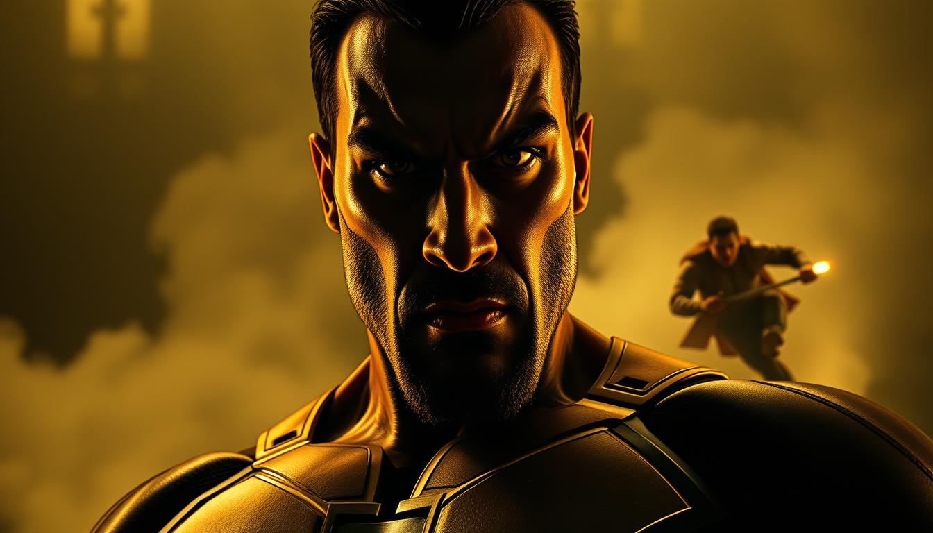 A visually striking cinematic scene showcasing the dynamic and captivating cinematography of the film Black Adam. In the foreground, a powerful low-angle shot captures the towering, muscular figure of the titular antihero, his piercing gaze and chiseled features exuding an air of intensity and authority. Dramatic lighting casts deep shadows, accentuating the character's imposing presence. In the middle ground, the camera follows a swift, agile movement, perhaps a high-speed chase or an intense action sequence, frozen in a mesmerizing, slow-motion moment. The background is shrouded in a hazy, moody atmosphere, with a sense of looming danger and the imminent unleashing of supernatural forces. The overall composition and visual language evoke a sense of cinematic grandeur, immersing the viewer in the captivating world of Black Adam.