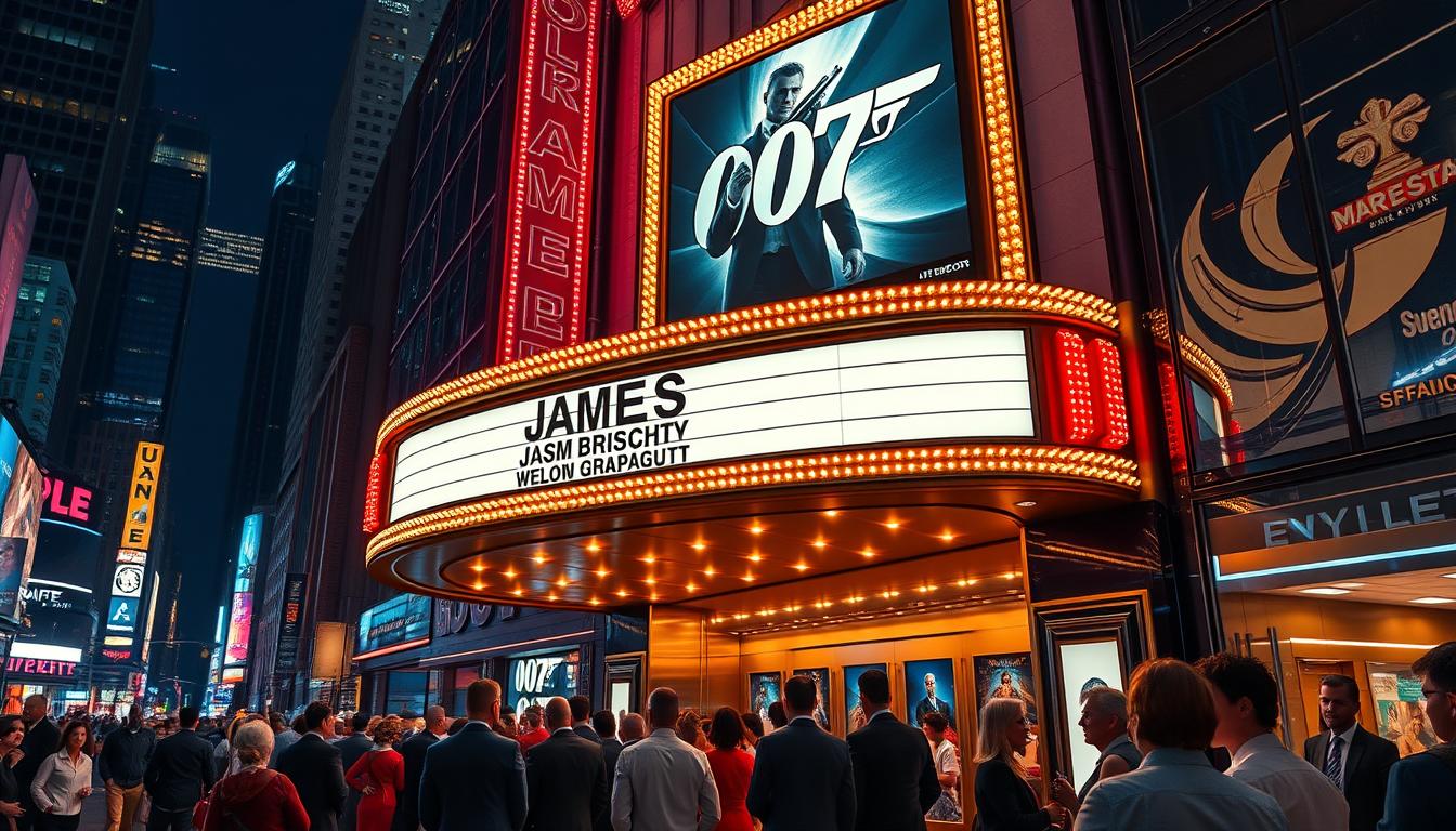 A glamorous movie theater marquee in the heart of a bustling city, featuring a bright, eye-catching display of the latest James Bond film. Elegant neon lights and high-contrast shadows create a captivating, cinematic atmosphere. In the foreground, a long line of well-dressed moviegoers eagerly await their chance to purchase tickets, their excitement palpable. The background showcases the towering skyscrapers and neon-lit streets of the vibrant metropolis, hinting at the global appeal and box office success of this iconic spy franchise.