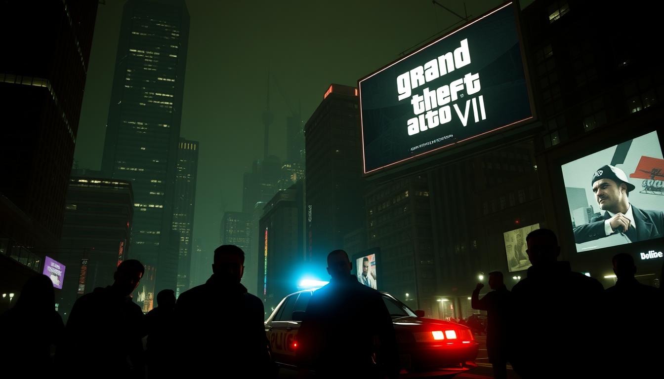 A dark, gritty cityscape at night, with towering skyscrapers and neon-lit streets. In the foreground, a group of shadowy figures engaged in illicit activities, their faces obscured. The middle ground features a police car with flashing lights, hinting at the controversy surrounding the game's content. In the background, a giant billboard displays the iconic "Grand Theft Auto VI" logo, casting an ominous glow over the scene. The lighting is dramatic, with deep shadows and harsh contrasts, creating a sense of tension and unease. The camera angle is slightly low, emphasizing the imposing nature of the city and the power dynamics at play.