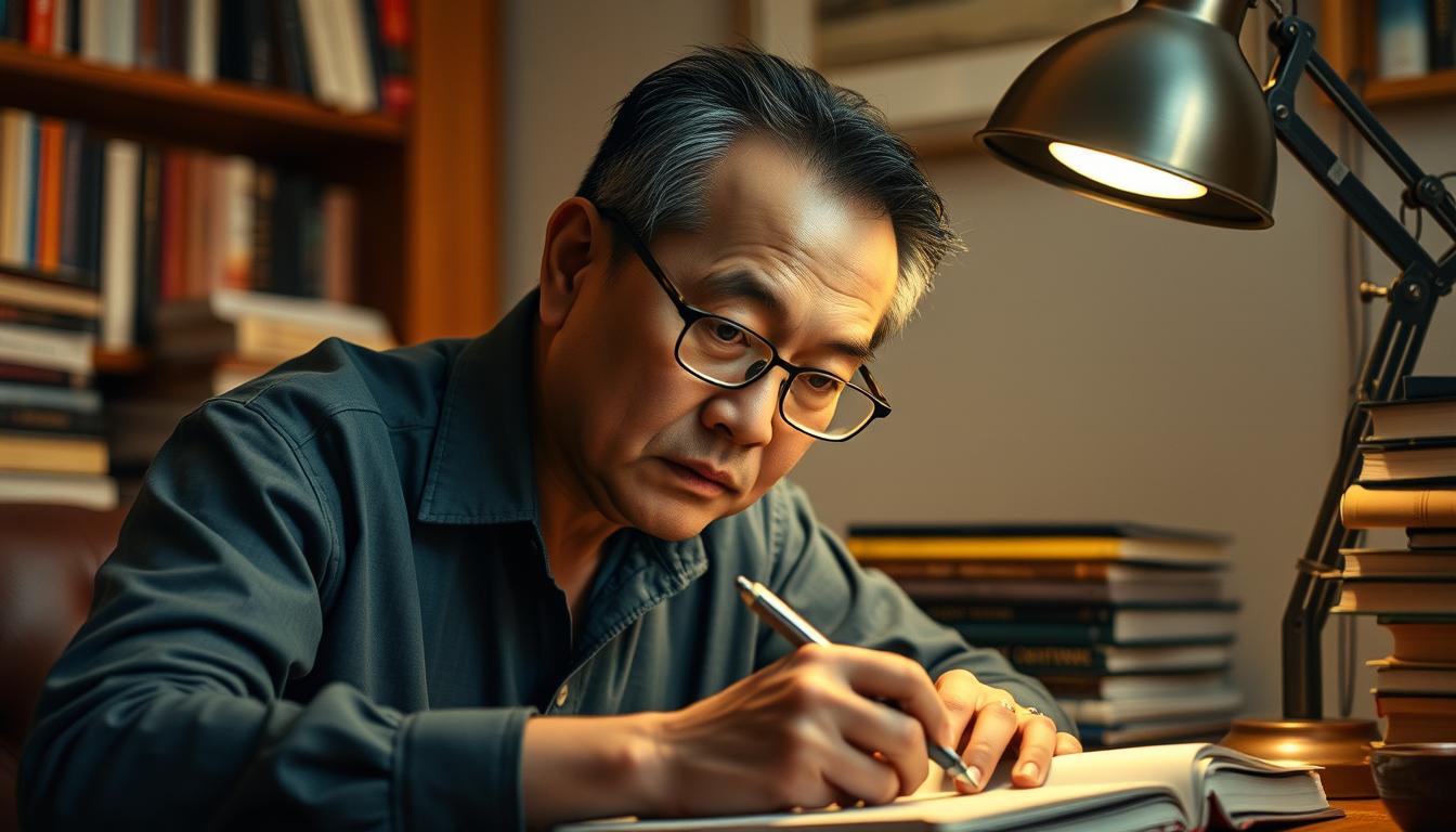A thoughtful film critic deeply engrossed in analyzing the newly released Indonesian action thriller "Rhino King". Sitting in a cozy study, surrounded by stacks of cinema references, their face is illuminated by the warm glow of a desk lamp, creating an atmosphere of intellectual contemplation. The background is softly blurred, hinting at a bookshelf-lined wall, suggesting a setting conducive to in-depth cinematic critique. The critic's expression is pensive, their pen poised over a notebook, ready to meticulously document their initial impressions of the film.