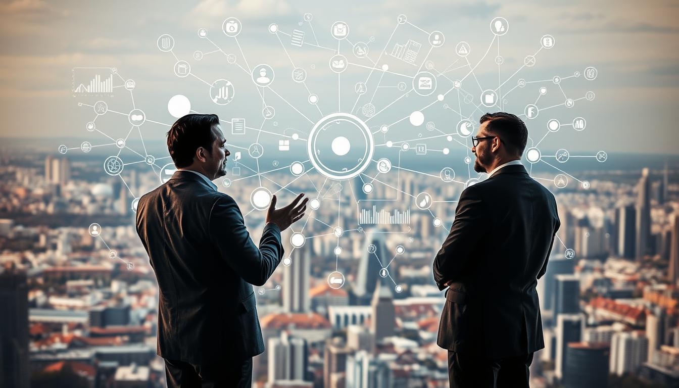 A visually striking illustration of strategic collaboration and market competition, set against a backdrop of a dynamic, interconnected industry landscape. In the foreground, two corporate executives engage in an animated discussion, their body language conveying a sense of partnership and shared purpose. The middle ground features a complex web of interconnected icons, graphs, and charts, symbolizing the analytical processes and data-driven insights that inform strategic decision-making. In the distant background, a panoramic view of a bustling cityscape, hinting at the broader economic and technological forces shaping the industry. Warm, muted tones and a subtle depth of field create an atmosphere of professionalism and intellectual rigor, reflecting the high-stakes nature of the subject matter.