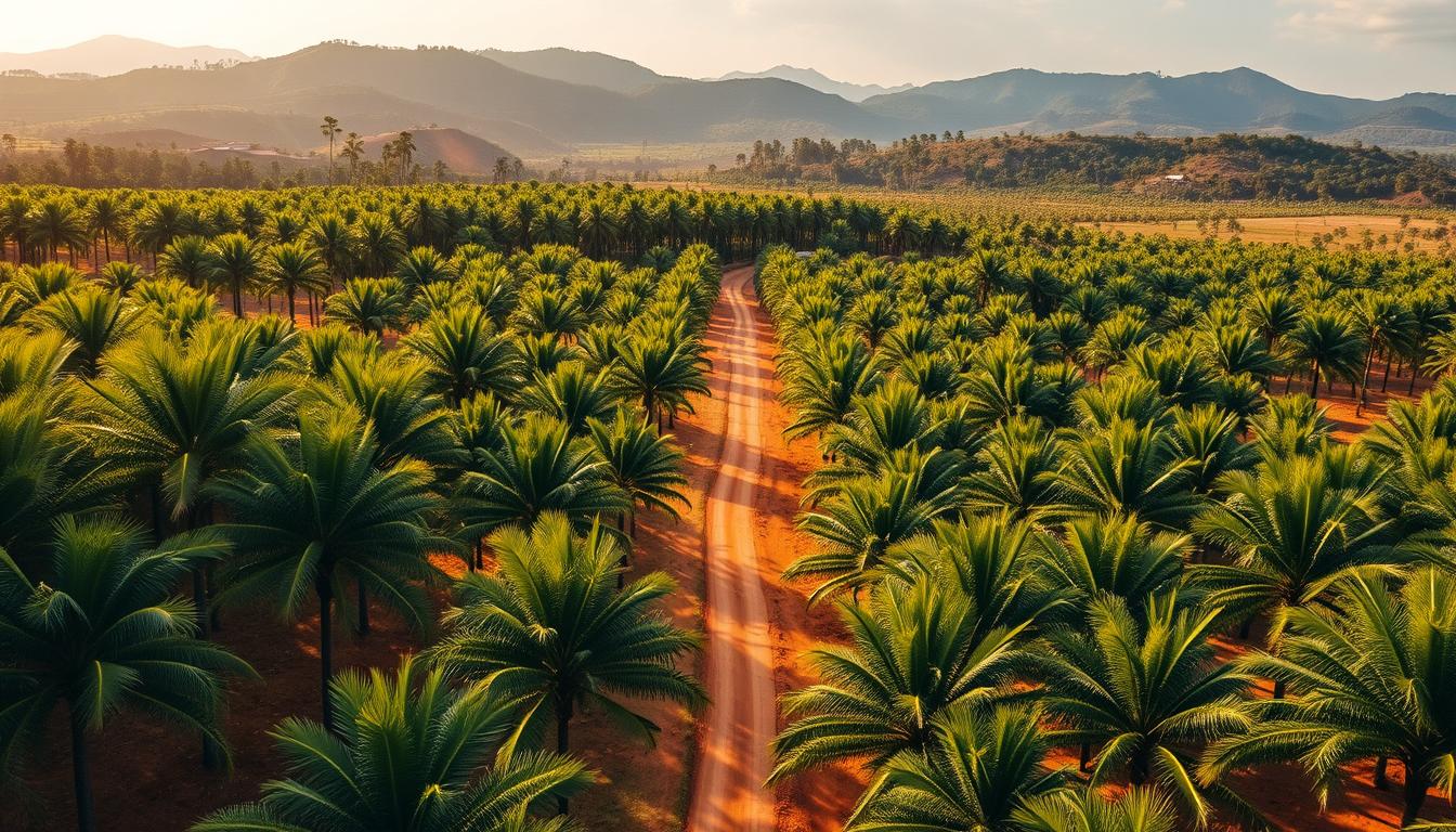 A lush, verdant Malaysian palm oil plantation stretches out under a warm, golden afternoon sun. In the foreground, row upon row of mature, bushy palm trees sway gently in the breeze, their broad fronds casting intricate patterns of light and shadow across the fertile, reddish-brown soil below. The middle ground reveals a network of well-maintained dirt roads winding between the crops, allowing access for workers and machinery. In the distance, the undulating hills of the Malaysian countryside rise up, their slopes blanketed in a patchwork of additional plantations and native forest. The overall scene conveys a sense of productive agricultural activity in harmony with the natural landscape, hinting at the economic importance and future potential of this vital industry.