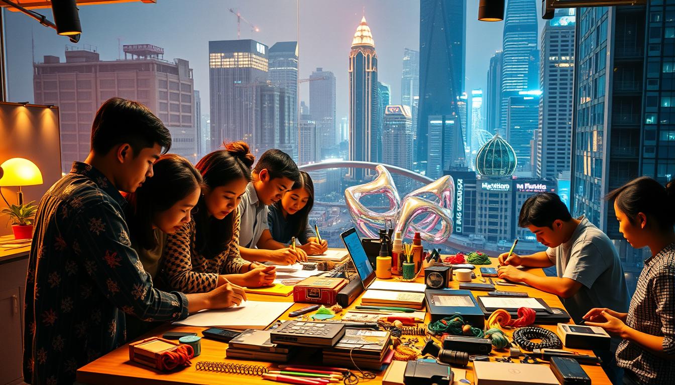 A vibrant, dynamic scene showcasing the creative entrepreneurial spirit of Indonesian UMKM businesses. In the foreground, a group of diverse individuals huddle around a table, brainstorming ideas, sketching prototypes, and tinkering with innovative products. The middle ground features a colorful, eclectic mix of handcrafted goods, digital devices, and tools of the trade, reflecting the diverse range of creative endeavors. In the background, a bustling cityscape provides an urban backdrop, with towering skyscrapers, neon-lit streets, and a sense of boundless potential. Warm, golden lighting casts a glow over the entire scene, evoking a mood of optimism, collaboration, and the thrill of entrepreneurial discovery.