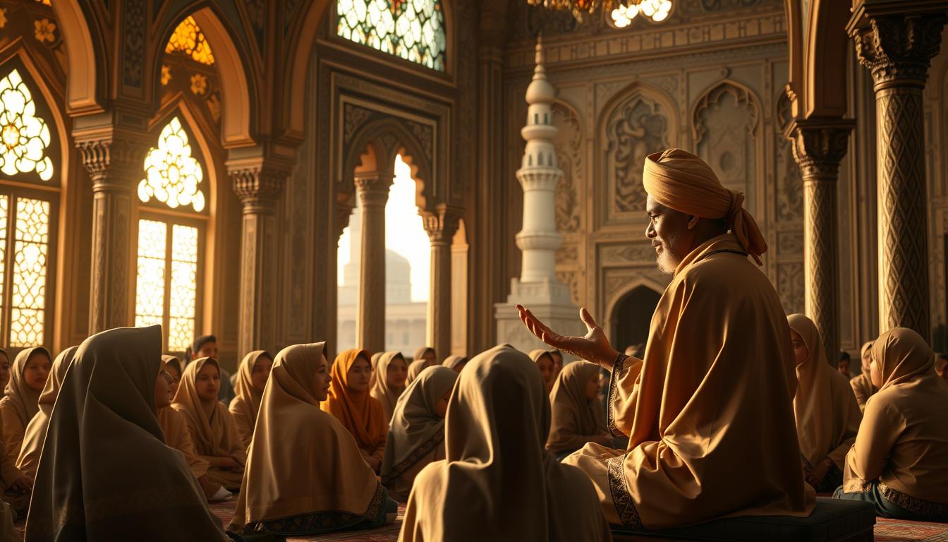 A traditional Malaysian classroom set against a backdrop of intricate Islamic architecture. In the foreground, students in traditional Malay attire sit attentively, their gazes fixed on a teacher dressed in a flowing robe and turban, gesturing animatedly as they discuss philosophical concepts influenced by Arab culture. Soft, warm lighting filters through stained glass windows, casting a golden glow over the scene. The middle ground features ornate columns and arches, hinting at the melding of Malay and Arabic design elements. In the distant background, a towering minaret rises, symbolizing the enduring impact of Islamic faith on Malaysian education and intellectual thought.