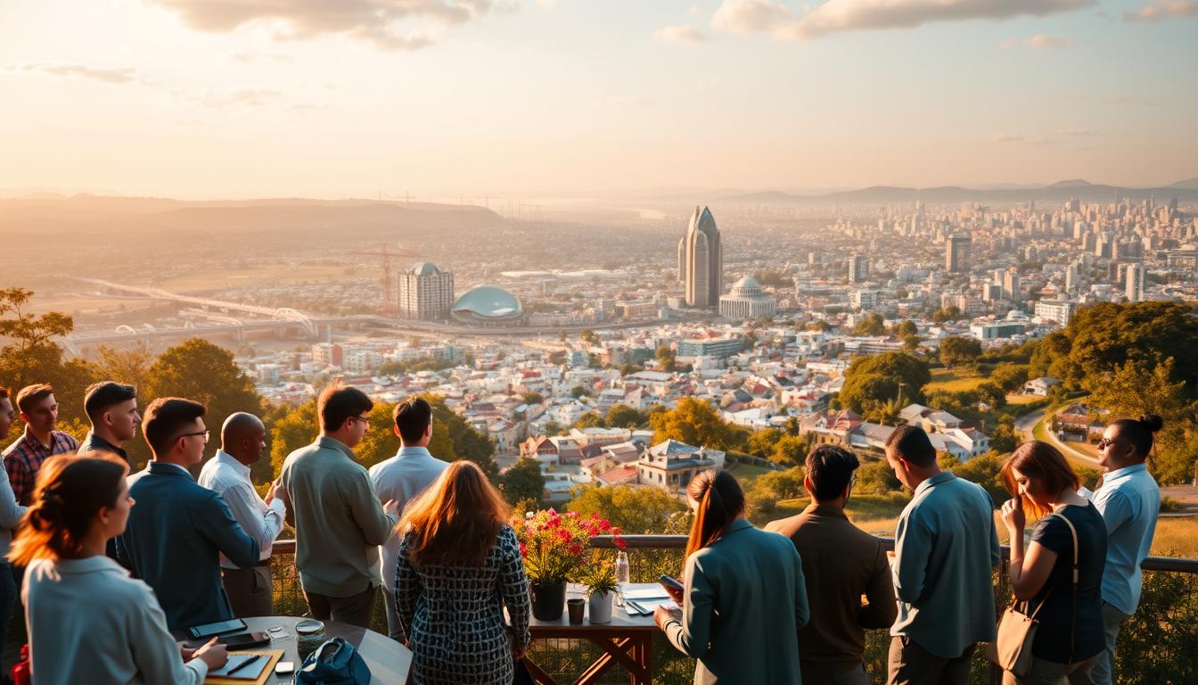 A tranquil scene depicting the empowerment of small and medium enterprises (SMEs). In the foreground, a diverse group of entrepreneurs collaborating, exchanging ideas, and working together. In the middle ground, a network of small businesses thriving, supported by a robust infrastructure. In the background, a panoramic view of a bustling city, symbolizing the integration of SMEs into the broader economic landscape. Warm, golden lighting casts a sense of optimism, while soft, blurred edges create a dreamlike atmosphere. The entire composition conveys a harmonious balance between individual initiative and collective progress, embodying the essence of sustainable SME empowerment.