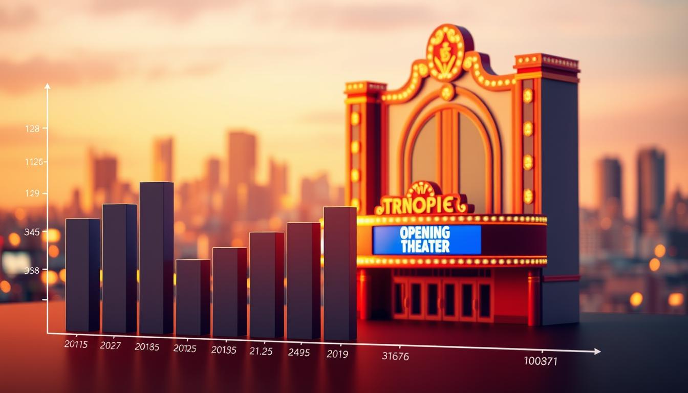 A vibrant, data-driven visualization of box office earnings for the opening weekend of a highly anticipated film release. The foreground features a stylized bar graph depicting the revenue figures, with clean, modern typography. The middle ground showcases a dynamic 3D model of a movie theater, its marquee lights flickering to create an immersive atmosphere. In the background, a softly blurred city skyline sets the scene, hinting at the broader cultural and commercial context of the film's performance. Warm lighting casts a golden glow, evoking a sense of excitement and success. The overall composition strikes a balance between analytical clarity and cinematic flair, creating an impactful visual representation of the film's financial trajectory.