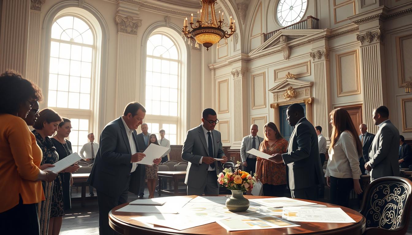 A serene government office, sunlight pouring through large windows, illuminating a scene of representatives granting access and empowerment to community members. The foreground features people signing documents, exchanging information, and discussing plans for local development projects. In the middle ground, a round table with stakeholders collaborating, maps and diagrams spread out. The background showcases the grandeur of the public space, ornate architectural details, and a sense of institutional authority balanced with approachability. The overall atmosphere conveys an atmosphere of partnership, transparency, and a shared commitment to empowering the community.