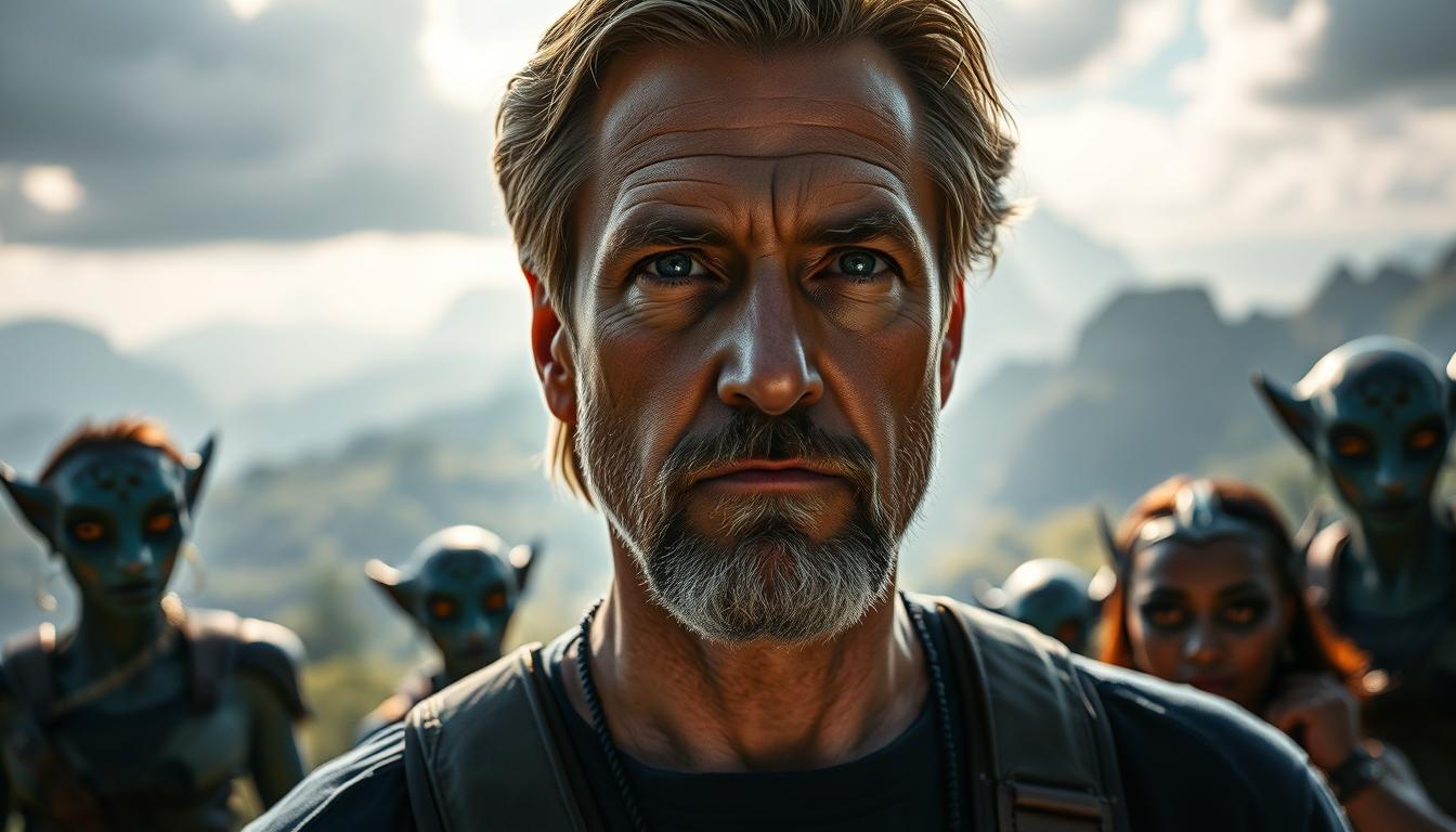 A cinematic portrait of James Cameron, the visionary director behind the groundbreaking science-fiction epic "Avatar". Set against a backdrop of lush, alien landscapes, Cameron stands tall, his gaze focused and intense, as he orchestrates his team of talented artists and technicians. The lighting is soft and dramatic, casting an air of creative contemplation. The composition is balanced, with Cameron positioned centrally, framed by the dynamic silhouettes of his crew members in the foreground and the breathtaking vistas of Pandora in the distance. The overall mood is one of ambitious vision, cinematic grandeur, and the collaborative spirit that brings such magnificent worlds to life on the silver screen.