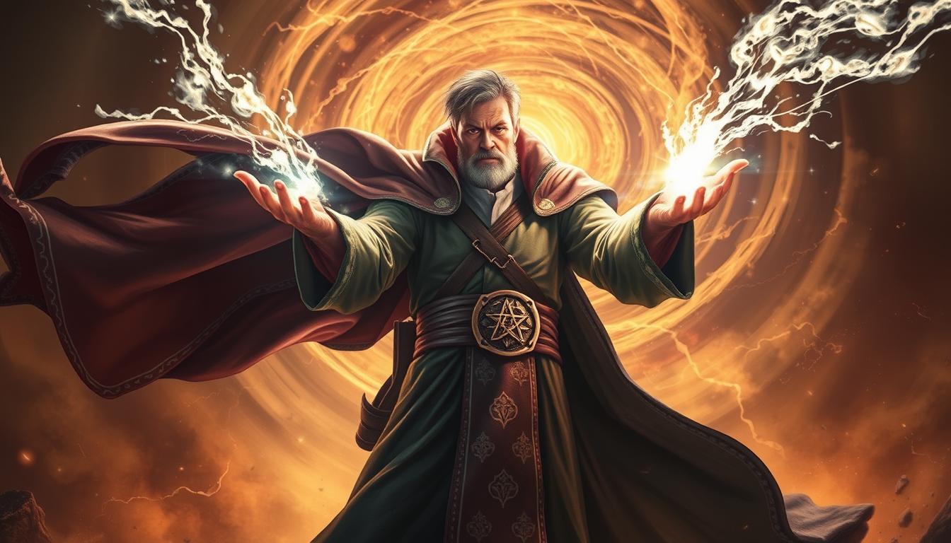 A powerful mage stands tall, exuding an aura of mystical energy. Their robe billows in a dramatic wind, adorned with intricate arcane symbols. Radiant light emanates from their outstretched hands, channeling devastating spells. The mage's gaze is intense, eyes narrowed with focus, as they prepare to unleash their formidable magical prowess. In the background, a swirling vortex of magical energy builds, hinting at the mage's incredible command of the arcane arts. The scene is bathed in a warm, otherworldly glow, creating a sense of might and grandeur befitting the mightiest of mage heroes.