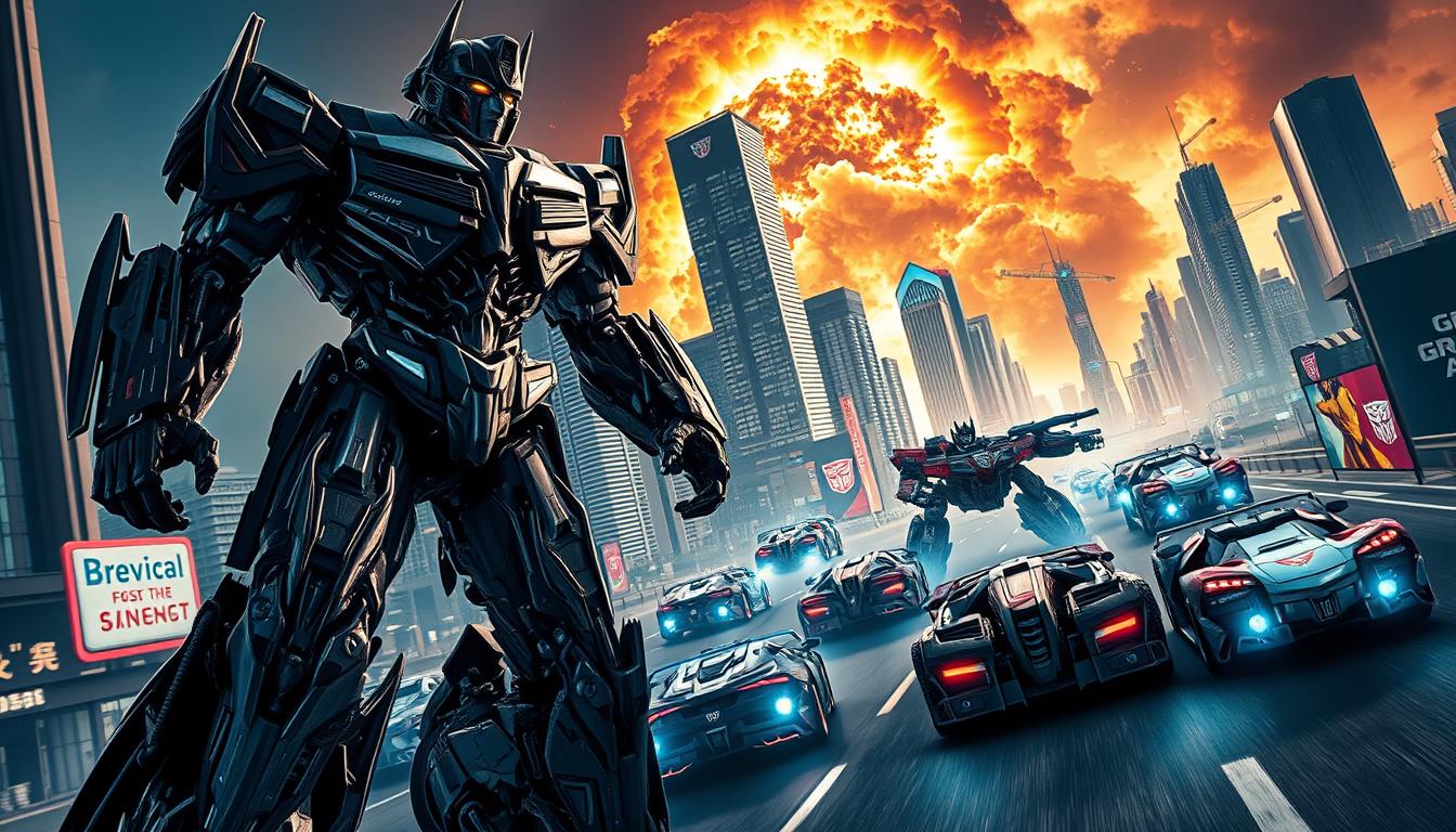 A dramatic poster for a new Transformers film, shot with a cinematic wide-angle lens. In the foreground, a towering Autobot robot stands heroically, its metallic form casting dynamic shadows. In the middle ground, a fleet of high-tech Decepticon vehicles speed through a dystopian urban landscape, skyscrapers and neon signs creating an immersive cyberpunk atmosphere. The background is dominated by a fiery, explosive sky, hinting at the epic battle to come. The overall mood is one of intensity, scale, and technological wonder, capturing the essence of the Transformers franchise in a visually striking and cinematic manner.
