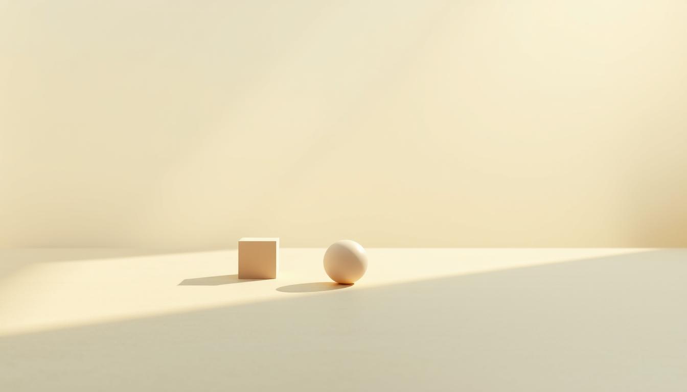 A serene geometric still life set against a soft, diffused backdrop. In the foreground, a delicate arrangement of three-dimensional shapes - a cube, a sphere, and a pyramid - cast gentle shadows and reflect the warm, natural light. The middle ground features a minimal, monochromatic floor with a subtle texture, while the background blends into a hazy, ethereal plane, creating a sense of depth and tranquility. The lighting is soft and evenly distributed, accentuating the clean lines and smooth surfaces of the geometric forms. The overall composition emphasizes the fundamental elements of Euclidean geometry in a visually striking and contemplative manner.