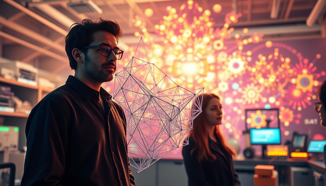 A vibrant and dynamic depiction of the future of topological research. In the foreground, a trio of mathematicians, their faces alight with intellectual curiosity, stand before a vast, three-dimensional wireframe model that appears to shift and morph, representing the topological concepts they are exploring. The middle ground features a laboratory setting, with advanced equipment and glowing displays, hinting at the cutting-edge tools and techniques being utilized. In the background, a kaleidoscopic explosion of shapes and colors, visualizing the deep, interconnected nature of topological principles. Warm, diffused lighting casts a sense of warmth and possibility, suggesting the exciting breakthroughs and new frontiers that await in the field of topology.