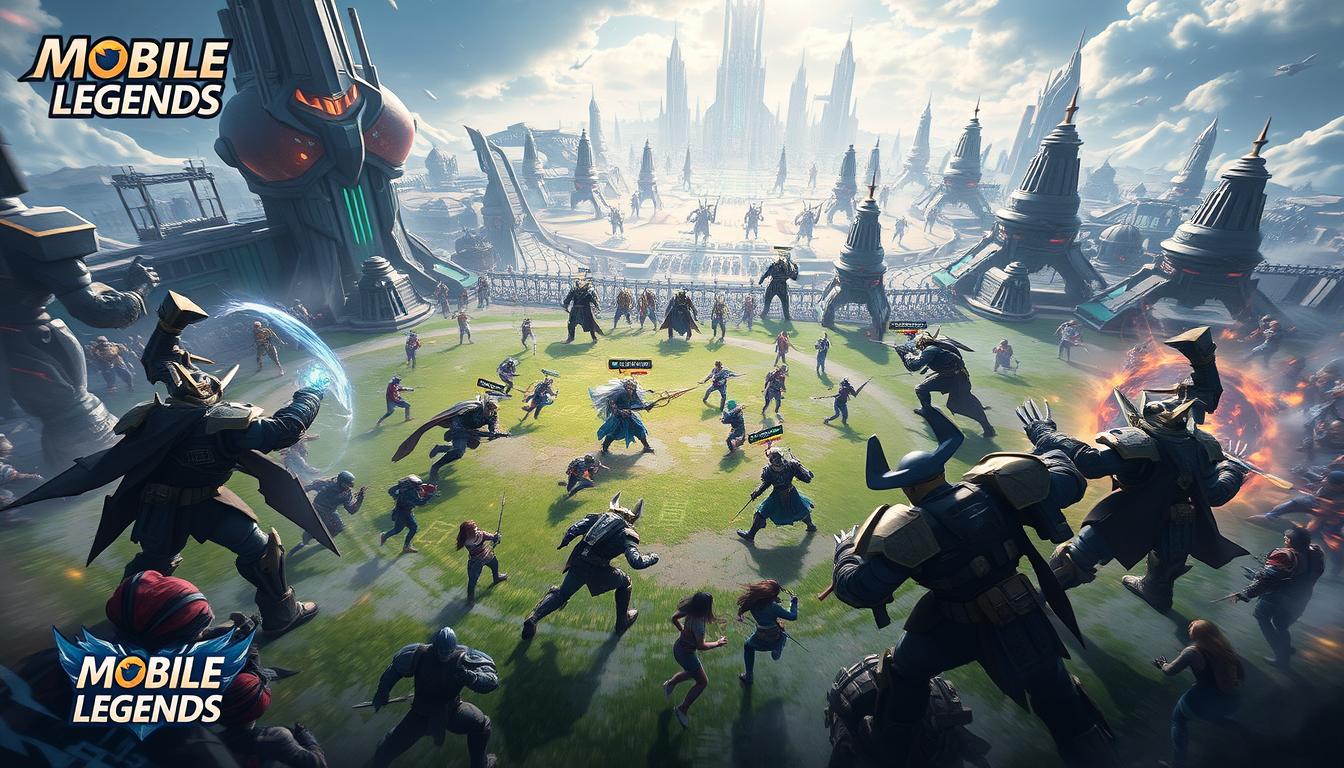 A vast, immersive battlefield of Mobile Legends heroes, strategically positioned and ready for intense gameplay. A dynamic foreground captures the essence of the game, with larger-than-life champions clashing amidst a vibrant, futuristic environment. The middle ground showcases the game's intricate user interface, hinting at the depth of tactical decision-making required. In the background, a sweeping skyline of towering structures and technological wonders sets the stage for this epic struggle. Lighting is dramatic, with sharp contrasts and vivid colors that evoke the high-stakes tension of ranked play. The overall mood is one of strategic mastery, where skill and foresight triumph over chance.