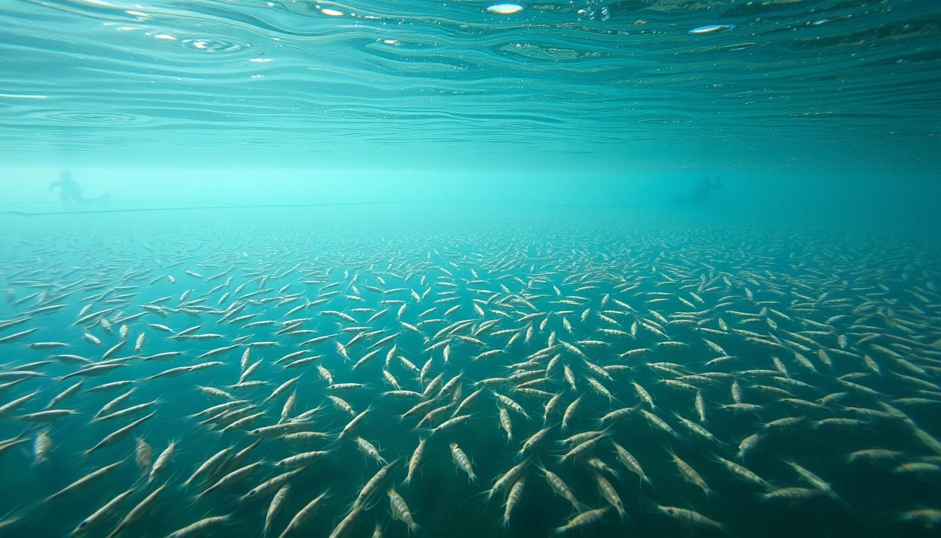 A sprawling underwater shrimp farm, illuminated by soft, diffused natural light filtering through the calm, azure waters. In the foreground, a network of intricately designed ponds and tanks, their surfaces rippling with the movement of countless shrimp. The middle ground reveals the challenges of maintaining water quality, with technicians carefully monitoring pH levels and oxygen content. In the background, the silhouettes of workers tending to the delicate ecosystem, navigating the intricate balance of temperature, salinity, and disease control. The scene conveys the dedication and expertise required to cultivate these prized crustaceans, reflecting the ongoing efforts to optimize and innovate in the shrimp aquaculture industry.