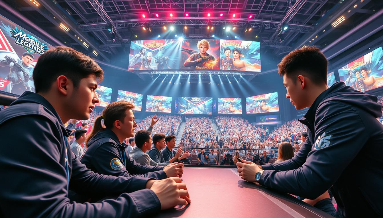 A highly detailed, photorealistic tournament scene depicting the current Mobile Legends esports event. In the foreground, skilled players are shown in intense competition, their expressions focused and determined as they control their characters on a large, widescreen gaming display. The middle ground features a packed stadium audience, cheering and waving team banners under vibrant stage lighting. In the background, a sleek, modern esports arena with towering video screens showcases highlights and player profiles. The composition is captured with a cinematic wide-angle lens, creating a sense of immersion and scale. The overall atmosphere exudes the energy and excitement of a high-stakes, cutting-edge esports tournament.