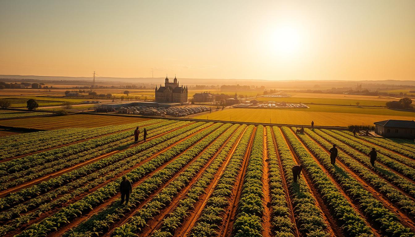 A vast, sun-drenched field stretches out, rows of crops meticulously planted in orderly patterns. In the foreground, laborers toil under the watchful eye of overseers, their bodies bent with the weight of backbreaking work. The middle ground reveals a sprawling farmstead, bustling with activity as produce is harvested and processed. In the distance, a towering manor house stands, a symbol of the power and control that drove this "forced cultivation" system. The scene is bathed in a warm, golden light, hinting at the prosperity that arose from this system, even as the human cost remains evident. A complex legacy, captured in a single, evocative image.