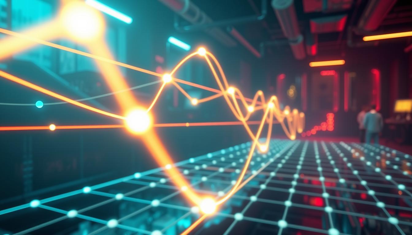 A high-resolution 3D render of an abstract mathematical optimization algorithm, depicting a complex mesh of interconnected nodes and lines representing the steps of numerical optimization. The foreground features glowing neon-like lines tracing the optimization process, with the middle ground showing a dynamic 3D grid of variables and constraints, and the background portraying a dimly lit futuristic technology landscape with subtle hints of scientific instrumentation. The lighting is a combination of cool, vibrant hues and dramatic shadows, creating a sense of depth and technical sophistication. The overall mood is one of scientific inquiry, technological prowess, and the power of applied mathematics.