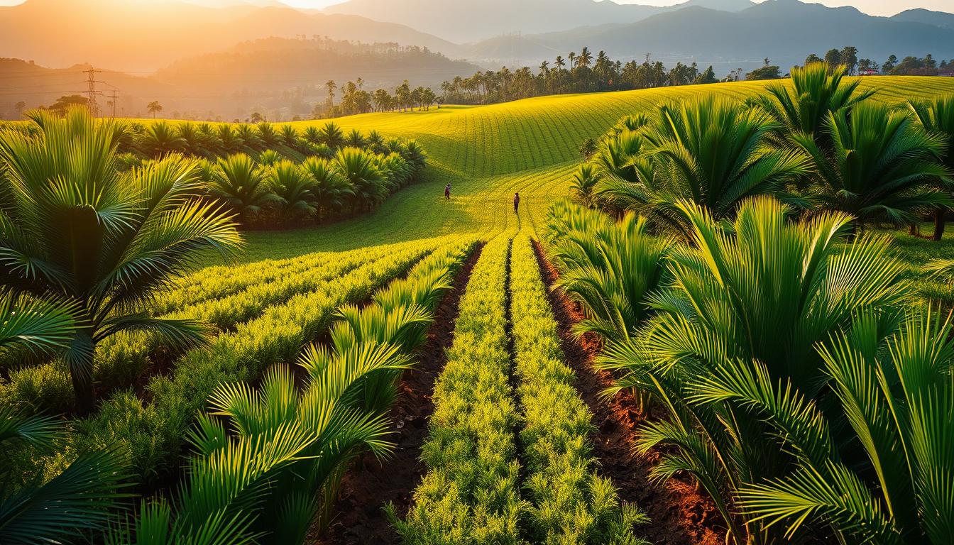 A lush, verdant Malaysian plantation with rows of vibrant palm trees stretching across a gently rolling landscape. The mid-morning sun casts a warm, golden glow over the scene, illuminating the glossy green fronds and the rich, fertile soil below. In the distance, workers can be seen tending to the crops, their movements graceful and efficient. The atmosphere is one of peaceful productivity, showcasing the remarkable success and sustainability of this thriving agricultural enterprise. A wide-angle, cinematic composition captures the scale and grandeur of this picturesque Malaysian plantation.