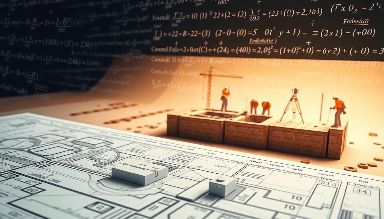 A detailed geotechnical analysis diagram showcasing the application of mathematics in civil engineering. In the foreground, a technical schematic depicts soil layers, groundwater levels, and foundation structures, all meticulously rendered with precise engineering symbols and annotations. The midground features a 3D model of a construction site, with a partially excavated foundation and workers using surveying equipment. In the background, a series of mathematical equations and formulas hover, illustrating the complex calculations and simulations used to analyze the site's geological conditions and structural integrity. The scene is illuminated by a warm, technical lighting, creating a sense of scientific rigor and problem-solving. The overall atmosphere conveys the crucial role of mathematics in the field of geotechnical engineering.