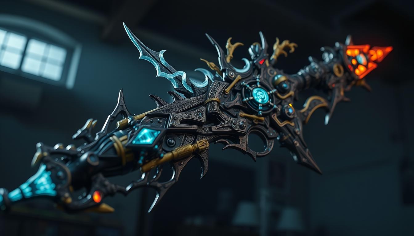 A highly detailed, close-up view of a fantastical, customized Monster Hunter-style weapon, crafted with intricate mechanical elements, organic flourishes, and glowing energy components. The weapon is set against a dimly lit, atmospheric background, with moody lighting that casts dramatic shadows and highlights the textures and details of the design. The image conveys a sense of power, craftsmanship, and the thrill of personalized monster-hunting gear.