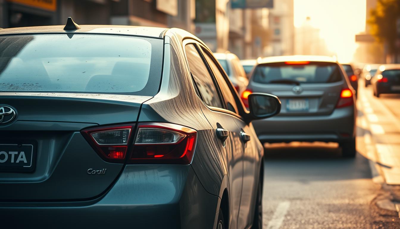 A used Toyota Corolla stands on a busy city street, its weathered exterior reflecting the hustle and bustle of the secondhand car market. The mid-size sedan is partially obscured by the passing traffic, hinting at the diverse range of options available to those seeking a reliable and affordable pre-owned vehicle. Warm, diffused light filters through the urban landscape, creating a sense of nostalgia and the passage of time. The composition captures the Corolla's timeless design and the dynamics of the secondhand car industry, inviting the viewer to imagine the stories and journeys this trusted model has experienced over the years.