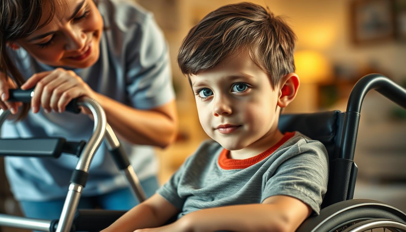A vivid close-up of a young boy with Duchenne muscular dystrophy, sitting in a wheelchair and engaging in daily activities with the help of a caregiver. The scene is bathed in warm, soft lighting, capturing the boy's determination and the caregiver's gentle, supportive presence. The middle ground features assistive devices like a walker and braces, while the background suggests a comfortable, well-equipped home environment. The overall mood is one of resilience, care, and the challenges of managing this life-altering condition on a daily basis.