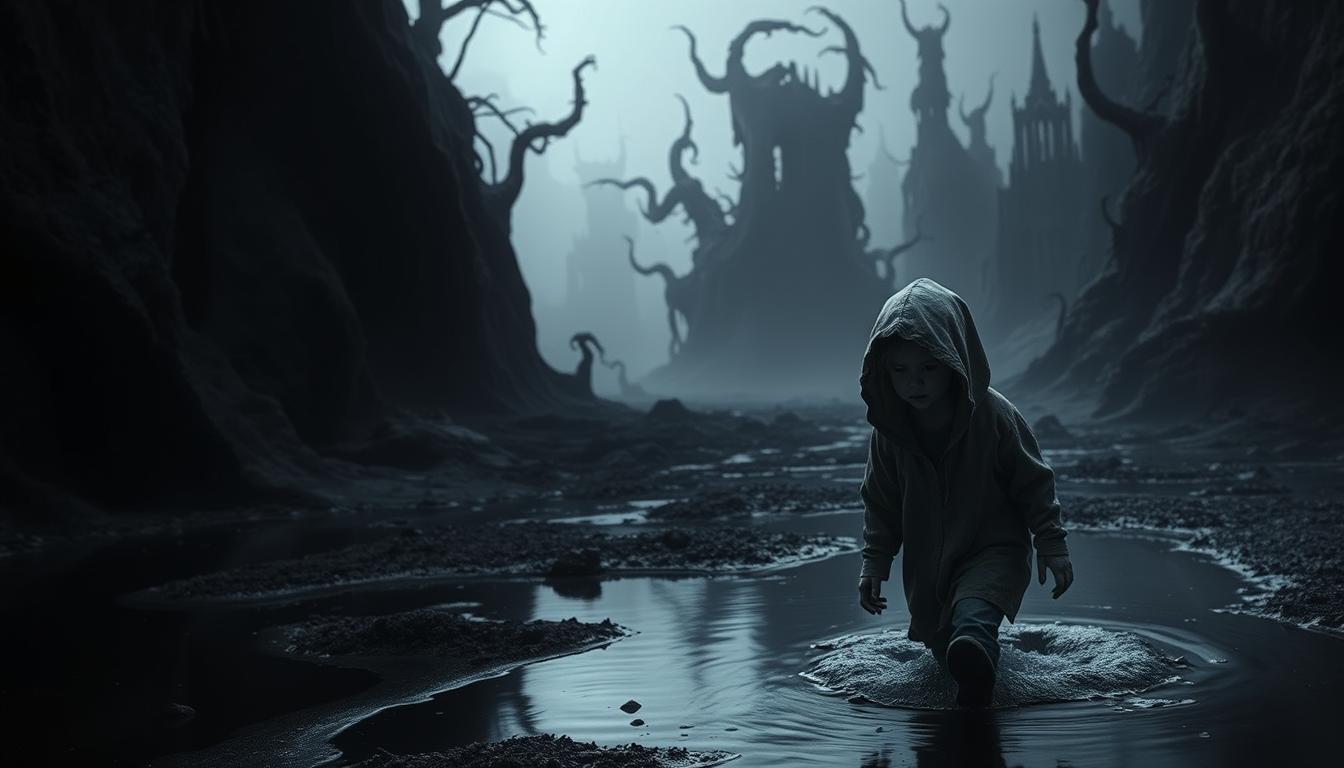 A dark, shadowy world with eerie, twisted structures looming in the background. In the foreground, a young, haunted-looking child navigates this nightmarish landscape, their face half-obscured by a tattered hood. Pools of murky water reflect the scene, adding to the sense of unease. Muted colors and harsh lighting create a moody, foreboding atmosphere, hinting at the unsettling secrets and horrors that lie within this unsettling realm. The child's tentative, cautious movements suggest a desperate search for a way out of this malevolent place, a glimmer of hope amidst the pervasive dread.