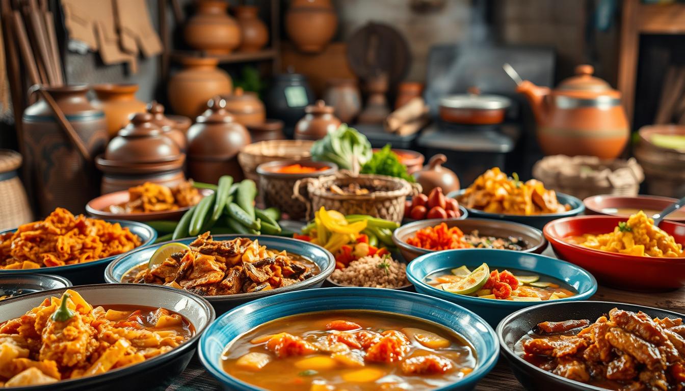 A lush, vibrant display of traditional Tegal cuisine, captured in a warm, intimate setting. In the foreground, an array of colorful dishes showcases the region's distinct flavors - savory soto ayam, fragrant trancam, and the tantalizing aroma of empal daging. Intricate textures and intricate spice blends come alive, enticing the senses. The middle ground features an assortment of fresh, locally-sourced ingredients - vibrant green chilies, fragrant lemongrass, and the earthy tones of traditional Tegal spices. In the background, a rustic kitchen setting, with earthenware pots, woven baskets, and the warm glow of a wood-fired stove, creating an intimate, homely atmosphere. The lighting is soft and natural, highlighting the rich, vibrant hues of the culinary delights. An image that truly captures the essence of Tegal's unique and captivating culinary heritage.