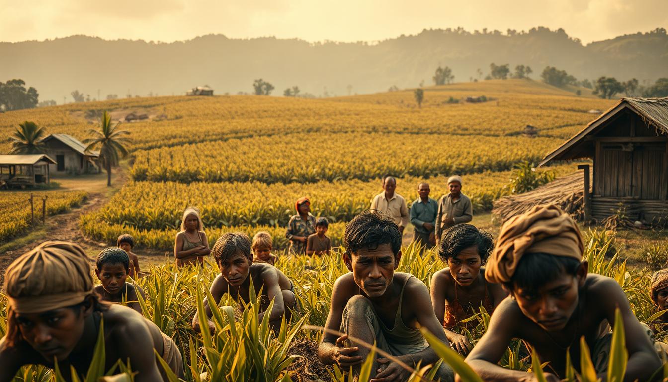 A rural Indonesian village in the 19th century, where the harsh realities of the Cultuurstelsel (Forced Cultivation System) loom large. In the foreground, exhausted farmers toil in the fields, their faces etched with the strain of backbreaking labor. The middle ground showcases a sprawling plantation, its towering rows of cash crops casted in an ominous shade. In the distance, a group of colonial officials oversee the operations, their stern expressions conveying the oppressive nature of the system. The scene is bathed in a warm, golden hue, creating a sense of nostalgia yet underscoring the profound social and economic inequalities that dominated the era. Soft, diffused lighting illuminates the weary faces of the villagers, capturing the human toll of this divisive policy.
