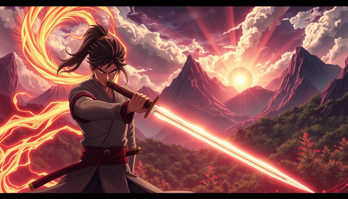 A dynamic and visually captivating scene from the Demon Slayer anime universe. In the foreground, a skilled Demon Slayer wielding a glowing katana stands ready, their fierce expression and confident stance conveying the intensity of the battle. Behind them, intricate, ethereal demonic energy swirls and coalesces, hinting at the supernatural threats they face. The middle ground features a richly detailed, anime-inspired landscape, with towering mountains, lush forests, and a dramatic sky filled with ominous clouds and rays of light. Cinematic lighting and angles accentuate the drama and action, creating a sense of depth and movement. The overall mood is one of high-stakes drama, coupled with the vibrant, fluid animation style that defines the Demon Slayer series.
