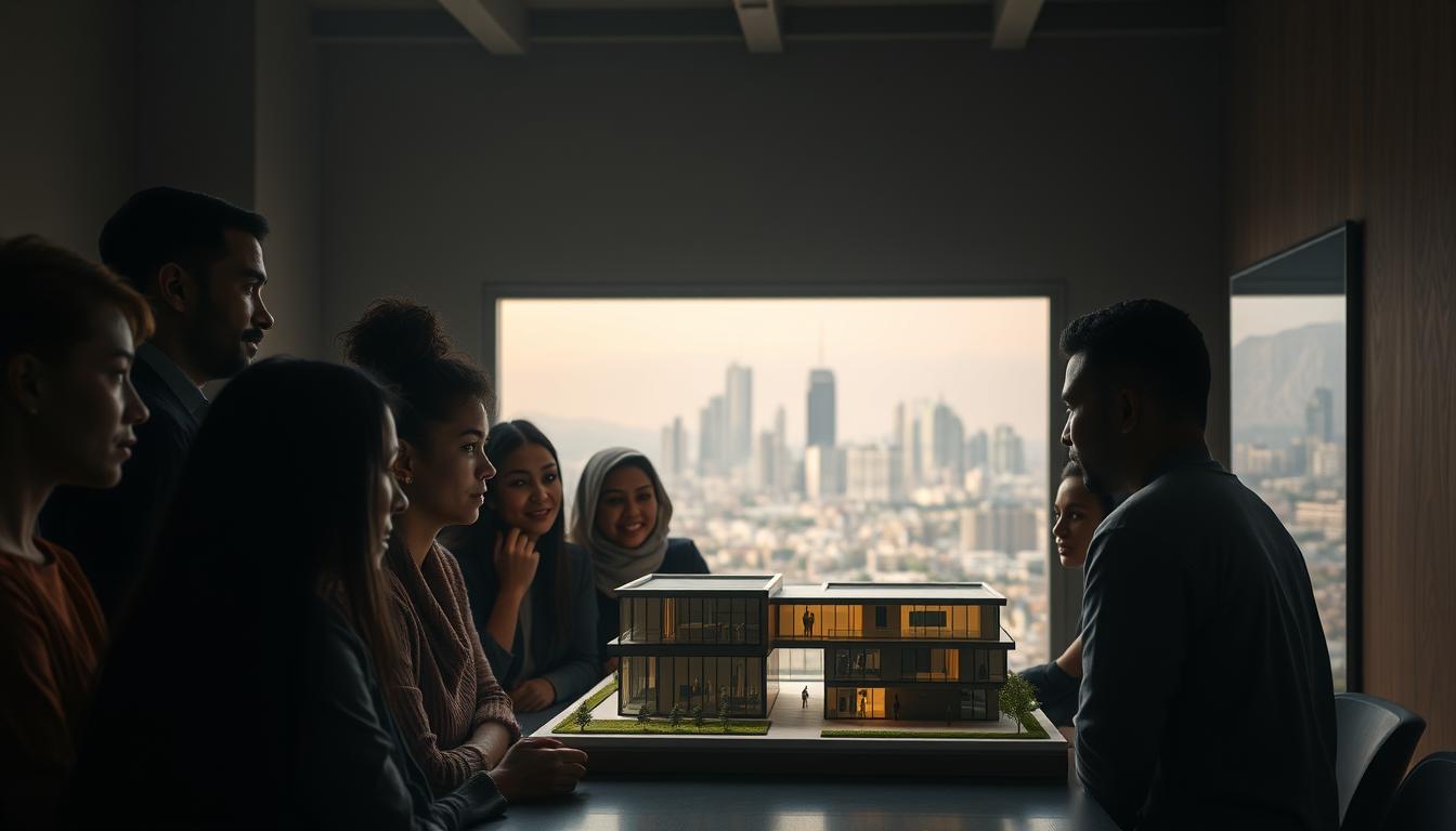 A dimly lit room, the air thick with a sense of purpose. In the foreground, a group of people from diverse backgrounds gathered around a table, their expressions pensive yet hopeful. The middle ground reveals a tangible representation of their collective efforts - a 3D model of a new community center, its sleek design and vibrant colors hinting at the positive impact it will have. In the background, a cityscape dotted with tall buildings, a testament to the scale and reach of the philanthropic initiatives spearheaded by Anthony Salim and the Salim Group. Soft, warm lighting casts a gentle glow, conveying a sense of connection, empowerment, and a shared commitment to creating meaningful change.