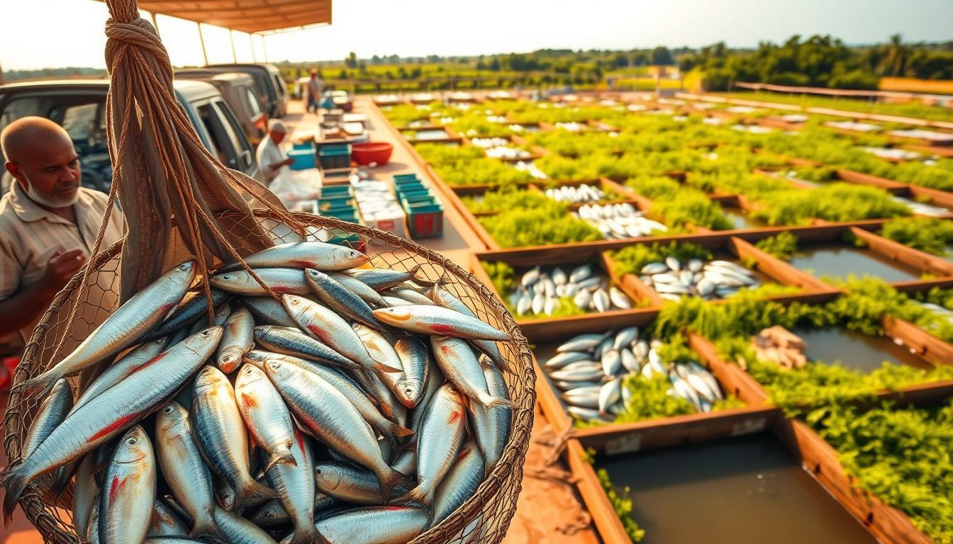 An overhead view of a vibrant aquaculture enterprise, showcasing the economic aspects of fish farming. In the foreground, a fisherman inspects a net brimming with freshly harvested fish, their silvery scales glistening under warm, natural lighting. In the middle ground, a well-organized fish processing facility with workers efficiently sorting, cleaning, and packaging the catch. In the background, rows of sturdy, well-maintained fish ponds surrounded by lush greenery, reflecting the sustainable and productive nature of the operation. The scene conveys a sense of thriving economic activity, profitability, and the integral role of fish farming in the local economy.
