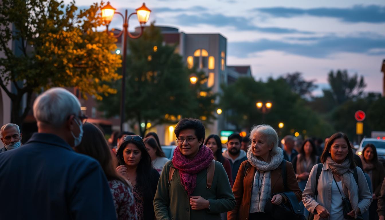 A serene city street at dusk, with people of diverse backgrounds walking and engaging in thoughtful discussions. The streetlights cast a warm, golden glow, illuminating the faces of the locals as they share their perspectives and concerns. In the background, a community center stands tall, its windows lit up, symbolizing the hub of education and awareness. The atmosphere is one of collective understanding, where individuals from all walks of life come together to support and empower one another. The scene conveys a sense of unity, empathy, and a shared commitment to bettering the community.