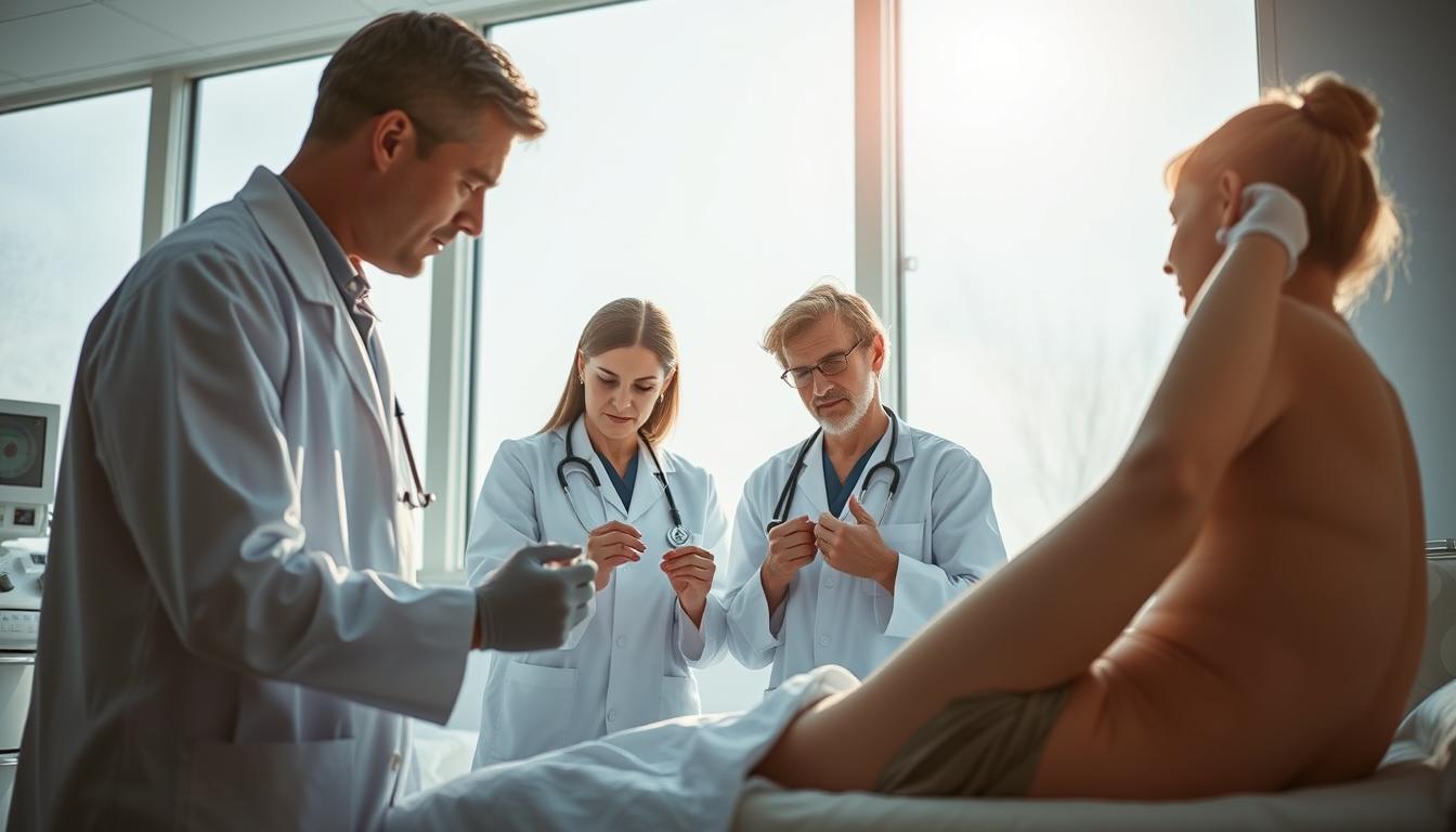 A serene medical setting with a team of doctors and nurses carefully examining a patient's limbs, delicately probing and monitoring the progression of the debilitating Stone Man Syndrome. Soft, natural lighting filters through large windows, casting a warm, compassionate glow over the scene. The patient's face reflects a mix of trepidation and hope as the medical professionals explain the latest treatment options, their expressions conveying empathy and determination to find a solution. The overall atmosphere is one of quiet focus, underscored by a sense of medical innovation and the pursuit of a cure for this rare and challenging condition.