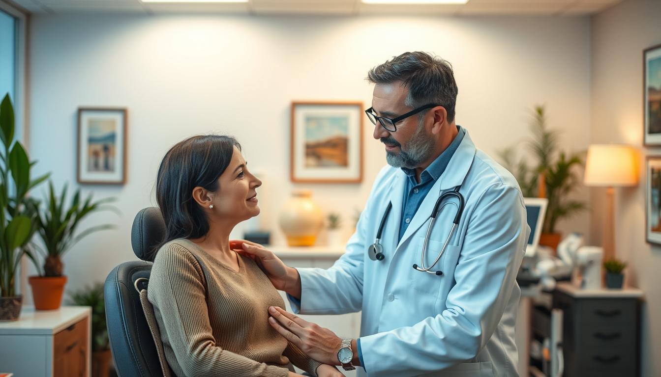 A serene medical office scene, with a calming atmosphere and warm lighting. In the foreground, a doctor carefully examining a patient, their expressions conveying understanding and care. The middle ground features soothing decor, such as potted plants and artwork, creating a tranquil ambiance. The background subtly suggests advanced medical equipment, hinting at the expertise available to treat the "Exploding Head Syndrome" condition. The overall composition evokes a sense of professionalism, empathy, and a commitment to providing effective management and treatment for this unique sleep disorder.