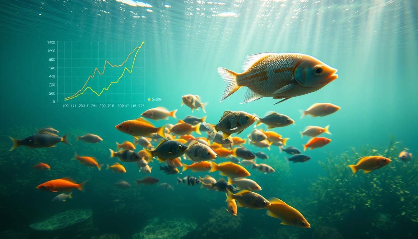 A serene underwater scene showcasing the integration of mathematics in aquaculture. In the foreground, a vibrant graph or chart depicting statistical data relevant to fish growth, water quality parameters, or feed optimization hovers above a tranquil pond. In the middle ground, a school of diverse freshwater fish swim gracefully, their movements choreographed by intricate mathematical models. The background reveals a lush, verdant aquatic landscape, with sunlight filtering through the water and casting a warm, diffused glow. The overall mood is one of scientific exploration, technological innovation, and the harmonious convergence of nature and numerical analysis.
