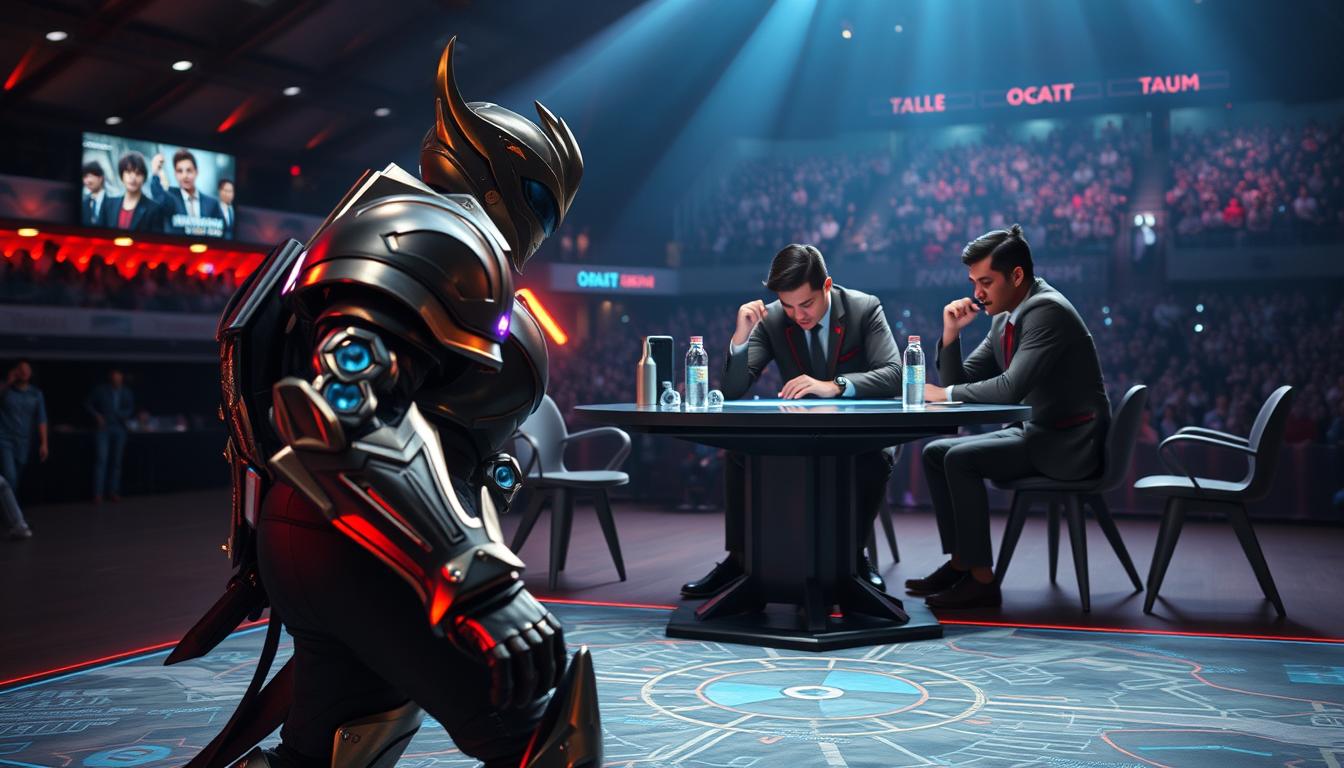 A detailed, cinematic scene of a mobile legends hero managing their time and position during an intense match. The hero is in the foreground, their armor gleaming under dramatic studio lighting, mid-stride as they move across the map. In the middle ground, team members strategize around a holographic game table, their faces illuminated by the tactical display. The background depicts the arena, with fans cheering from the stands and a sense of energy and anticipation permeating the environment. The composition emphasizes the hero's focus and command of the battlefield, conveying the importance of time management and positional awareness in the high-stakes world of mobile legends.