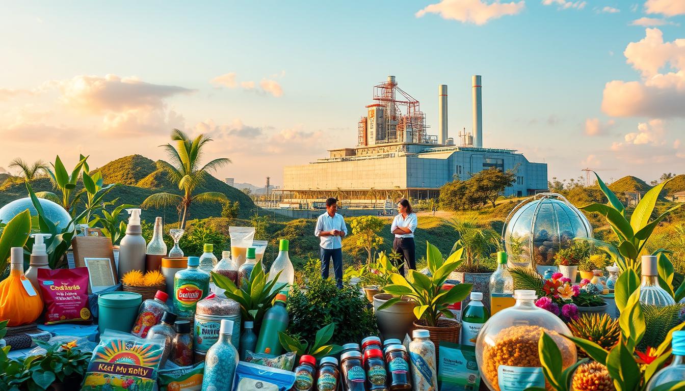 A vibrant landscape showcasing the innovation and sustainability of small and medium enterprises (SMEs). In the foreground, an array of diverse products and services are displayed, reflecting the creativity and adaptability of UMKM (Usaha Mikro, Kecil, dan Menengah) businesses. The middle ground features entrepreneurs collaborating and sharing ideas, highlighting the collaborative nature of sustainable innovation. In the background, a modern, eco-friendly factory or workshop stands, symbolizing the integration of technology and sustainability. The scene is illuminated by warm, natural lighting, creating a sense of optimism and progress. The overall atmosphere conveys the power of UMKM to drive economic growth through continuous innovation and environmentally conscious practices.