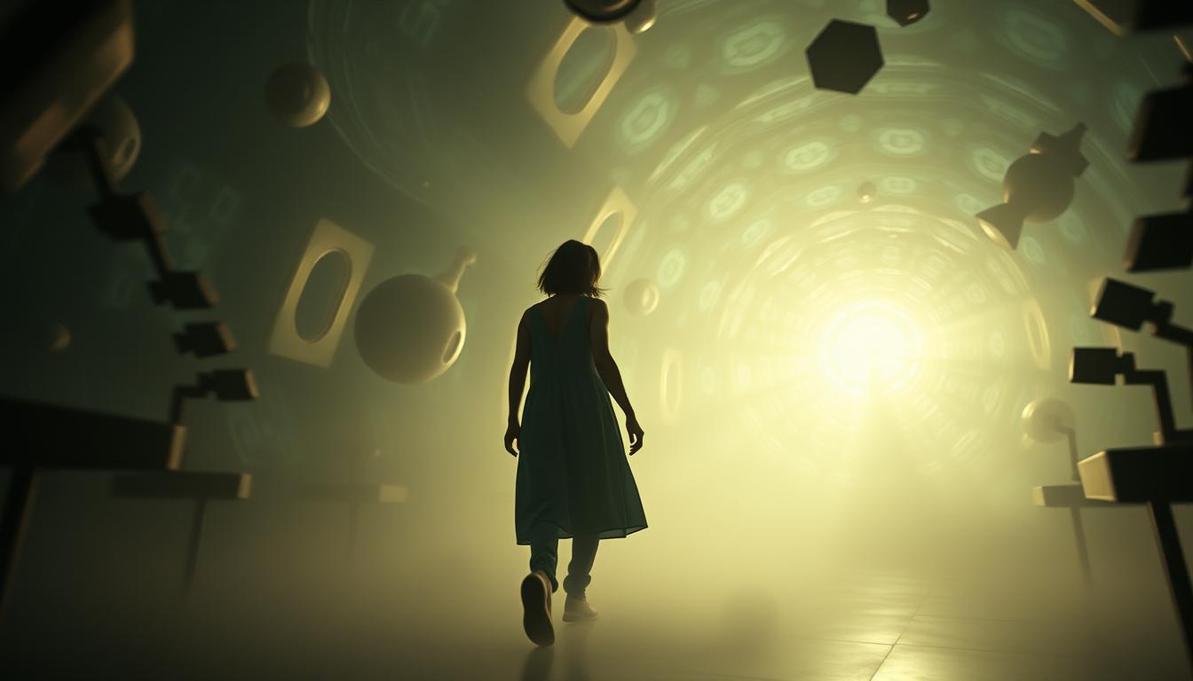 A surreal dreamscape of a patient navigating the fantastical challenges of Alice in Wonderland syndrome. In the foreground, a figure moves through a disorienting environment, distorted shapes and perspectives swirling around them. Hazy, ethereal lighting casts an otherworldly glow, while the background depicts abstract, kaleidoscopic patterns that evoke the perceptual distortions of the condition. The scene conveys a sense of disorientation, confusion, and the patient's struggle to make sense of their altered reality. Detailed, high-resolution, photorealistic, cinematic lighting.