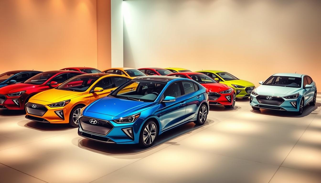 A sleek, modern lineup of the Hyundai Ioniq 5 electric vehicle in a pristine showroom setting. The array of vibrant color options is displayed prominently, ranging from bold and striking hues to more subtle, understated tones. The lighting is warm and inviting, casting a soft glow across the sculpted, angular bodywork of the Ioniq 5. The vehicles are positioned in a dynamic, eye-catching arrangement, showcasing their unique design features and highlighting the variety of customization choices available to prospective buyers. The overall atmosphere conveys a sense of sophistication, technology, and environmental consciousness that aligns with the Ioniq 5's eco-friendly, futuristic appeal.