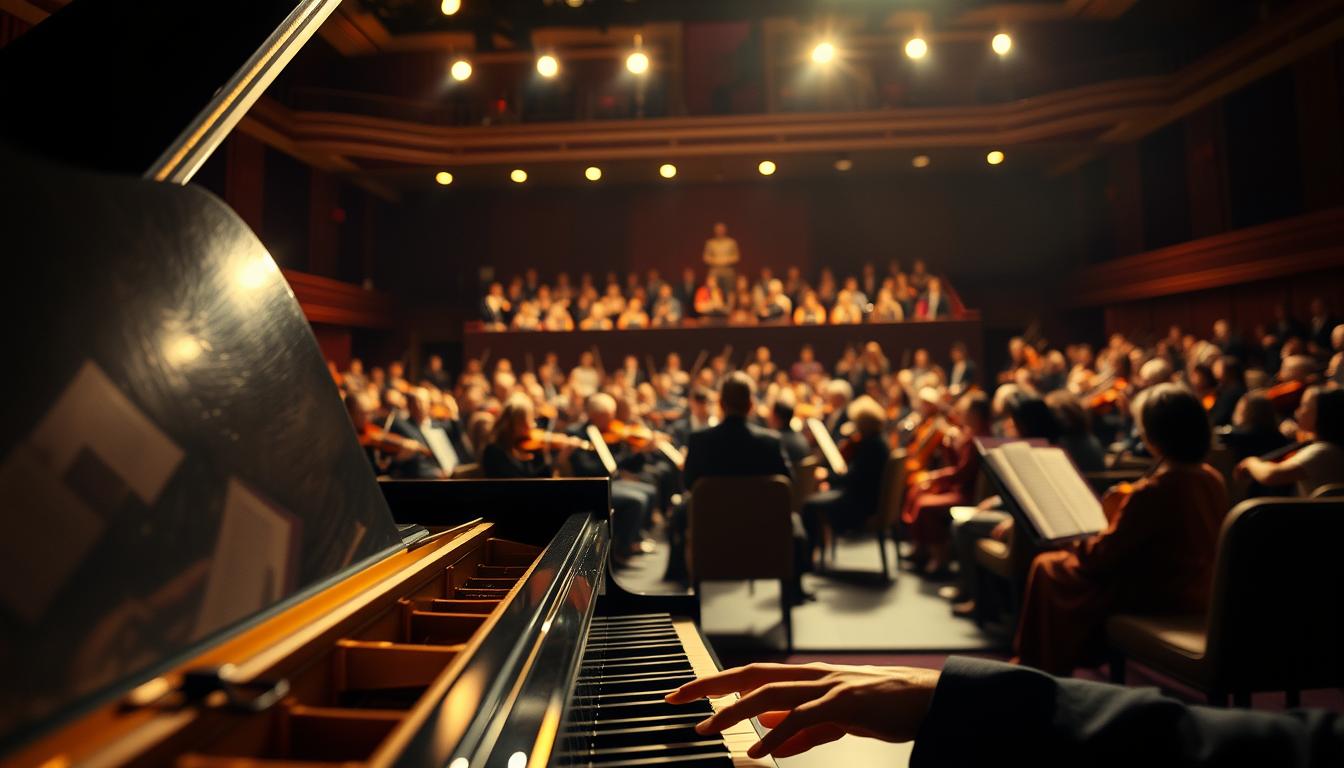 A dramatic, cinematic scene of the "Exterritorial" soundtrack. In the foreground, a close-up of a grand piano with its lid open, reflecting the musician's hands gracefully playing the keys. The middle ground features a full orchestra, their instruments bathed in warm, golden lighting, their musicians lost in the emotive performance. The background is a dimly lit concert hall, with rows of plush seats and the faint silhouettes of an enraptured audience. The atmosphere is one of captivating, orchestral grandeur, evoking the film's profound themes and narrative through the power of music.