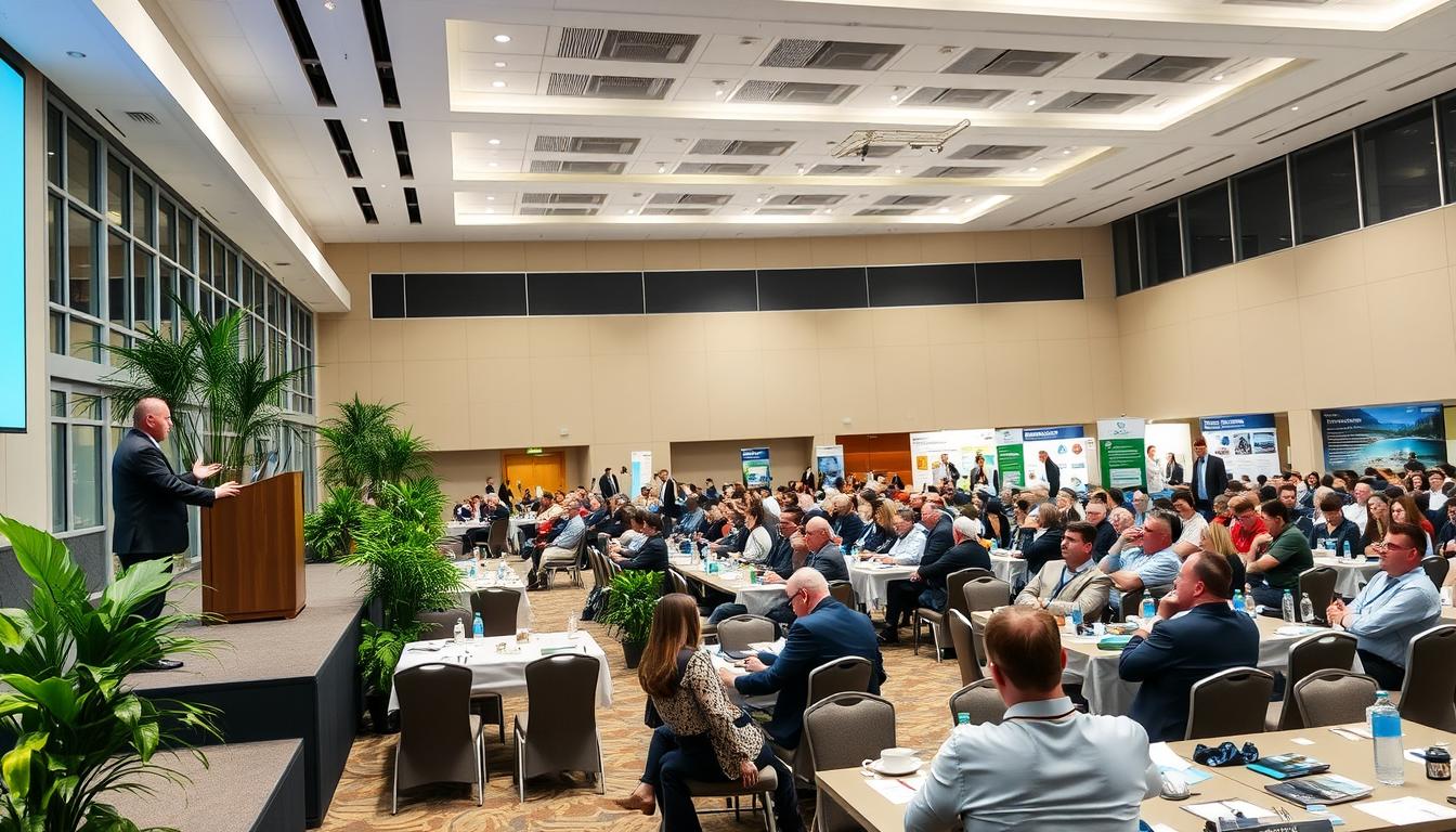 An indoor conference hall with rows of tables and chairs, filled with attendees engaged in animated discussions about freshwater and marine aquaculture. The bright, well-lit space features high ceilings, large windows, and modern furnishings. In the foreground, a podium stands on a raised stage, where a presenter in formal attire gestures while addressing the audience. The middle ground showcases various informational displays and product booths, highlighting the latest innovations in fish breeding, feeding, and disease management. Lush potted plants and subtle accent lighting create a professional, yet welcoming atmosphere conducive to the exchange of ideas and networking among the industry experts, researchers, and fishery stakeholders attending the conference.
