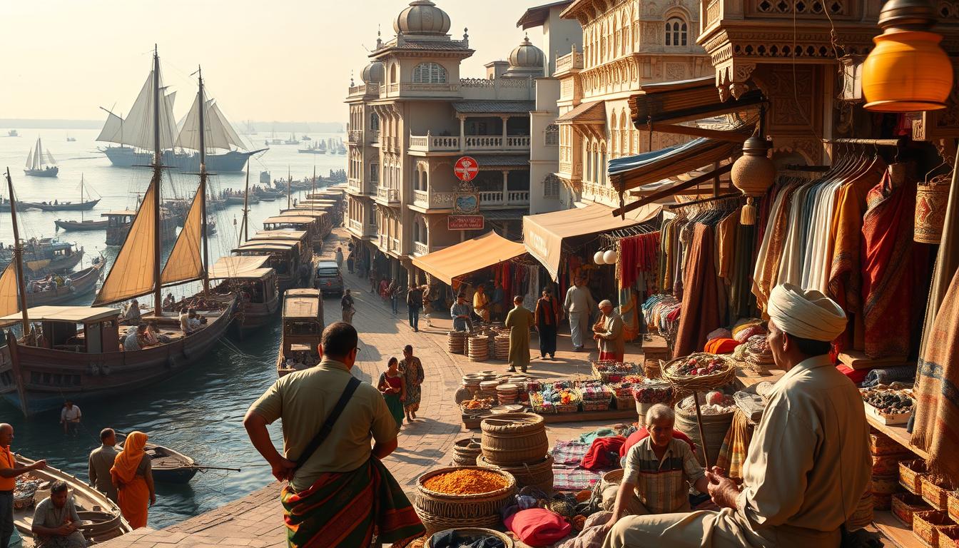 Bustling ancient ports, dhows laden with spices and textiles, merchants from distant lands haggling in vibrant bazaars. A scene of the historic India-Malaysia trade route, captured in warm afternoon light. Ornate buildings line the winding streets, their intricate architecture reflecting the cultural exchange between these two nations. Vibrant fabrics and exotic wares spill from the shops, drawing in curious onlookers. In the foreground, a skilled artisan showcases their craft, demonstrating the skilled craftsmanship that underpinned this lucrative commercial network. Across the harbor, majestic ships await, ready to continue the flow of goods and ideas that shaped the economies of both countries for centuries.