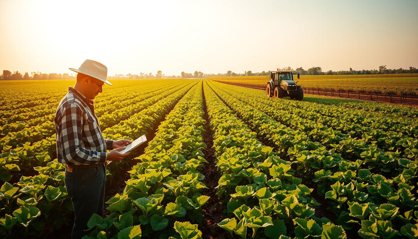 A lush, verdant field of crops stretches out under the warm, golden glow of the sun. In the foreground, a farmer diligently examines soil samples, carefully analyzing data and making calculations to optimize yield and efficiency. In the middle ground, state-of-the-art agricultural machinery navigates the rows, guided by precision sensors and algorithms. Beyond, a panoramic view of the plantation reveals rows of neatly organized trees and bushes, their health and growth meticulously measured and tracked. This scene encapsulates the integration of mathematics and modern technology in the thriving industry of agricultural production.